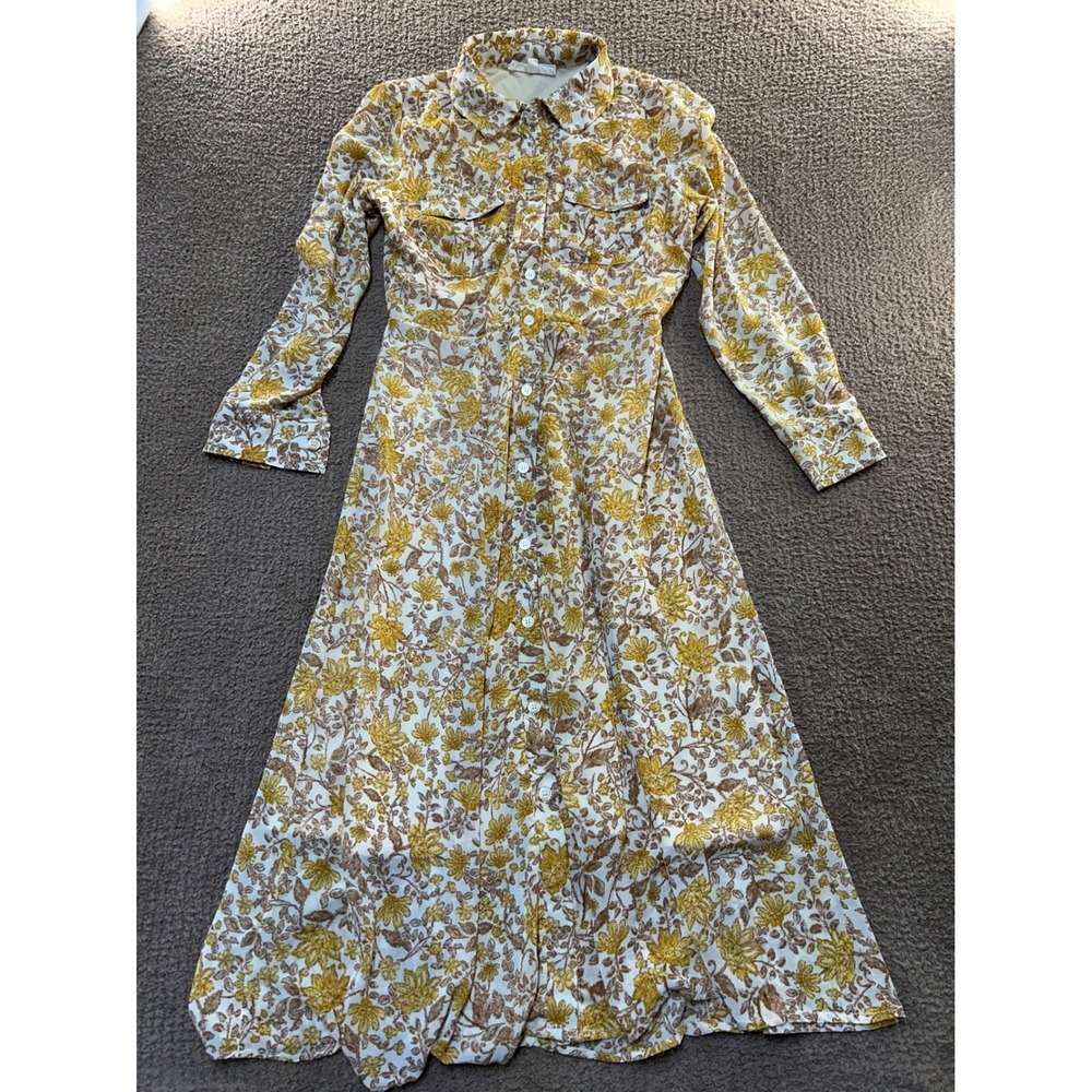 Lucky Brand Yellow Floral Button Front Midi Shirt Dress Long Sleeve Small